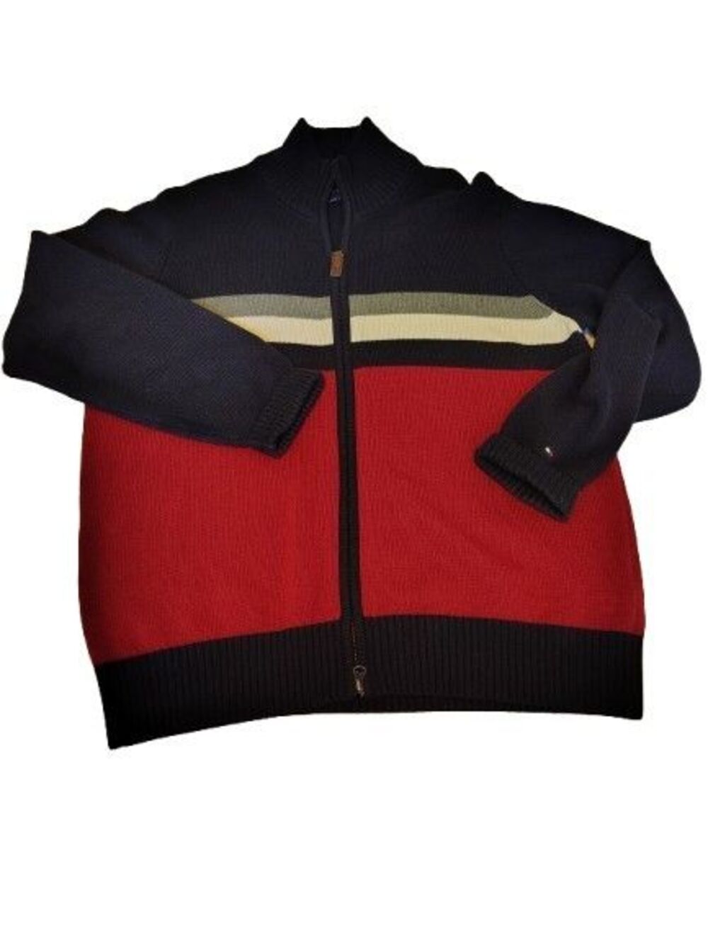 Tommy Hilfiger Mens L Full Zip Sweater Colorblock Striped Navy Red Wool Blend